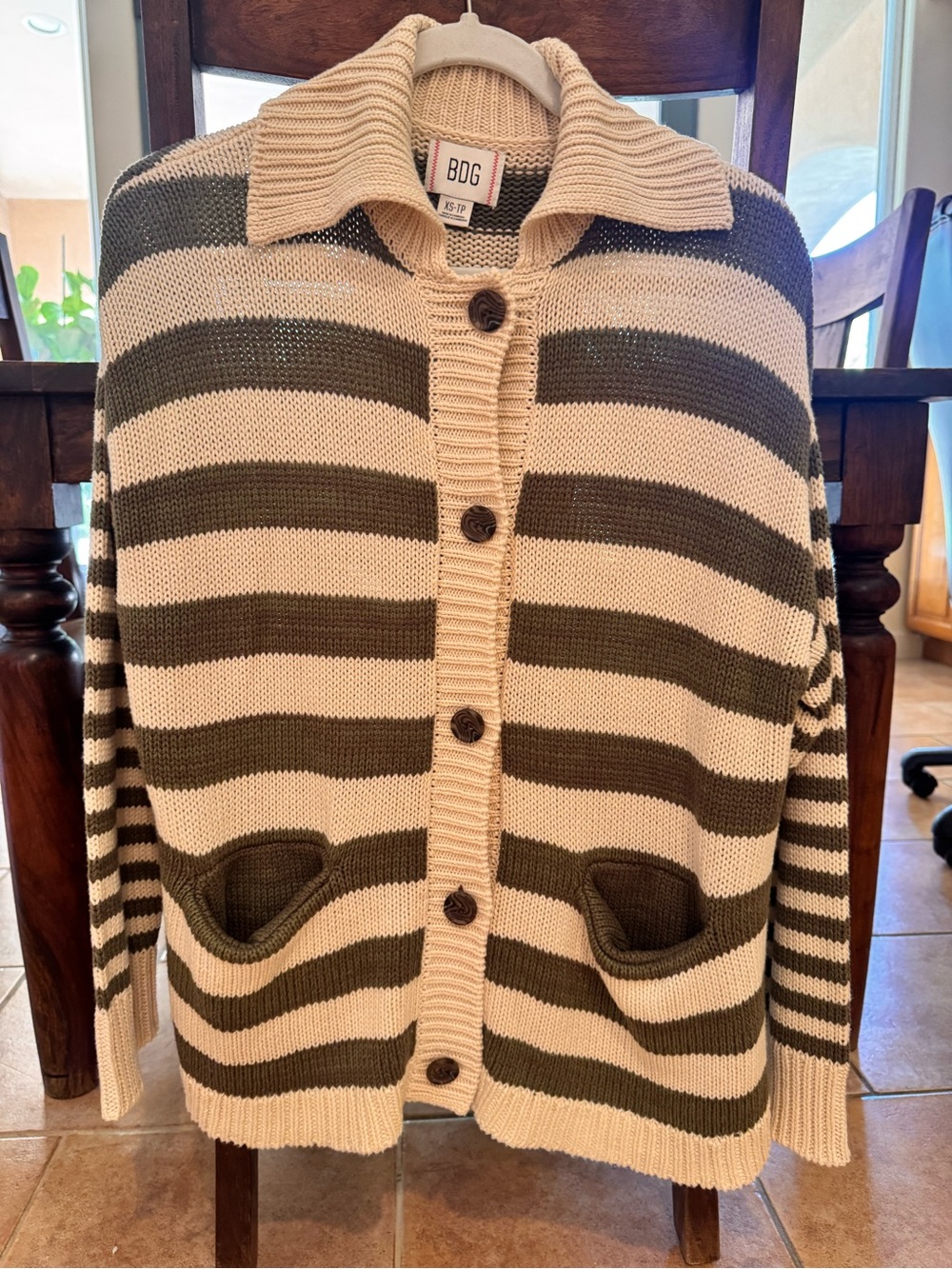 BDG Striped Button-Up Cardigan in Cream and Olive